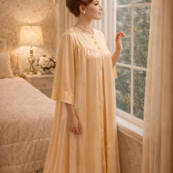 Rare Peach Buttery Soft Hostess Robe Crystal Buttons 1960s Saks 5th Ave Satin - Picture 6 of 9